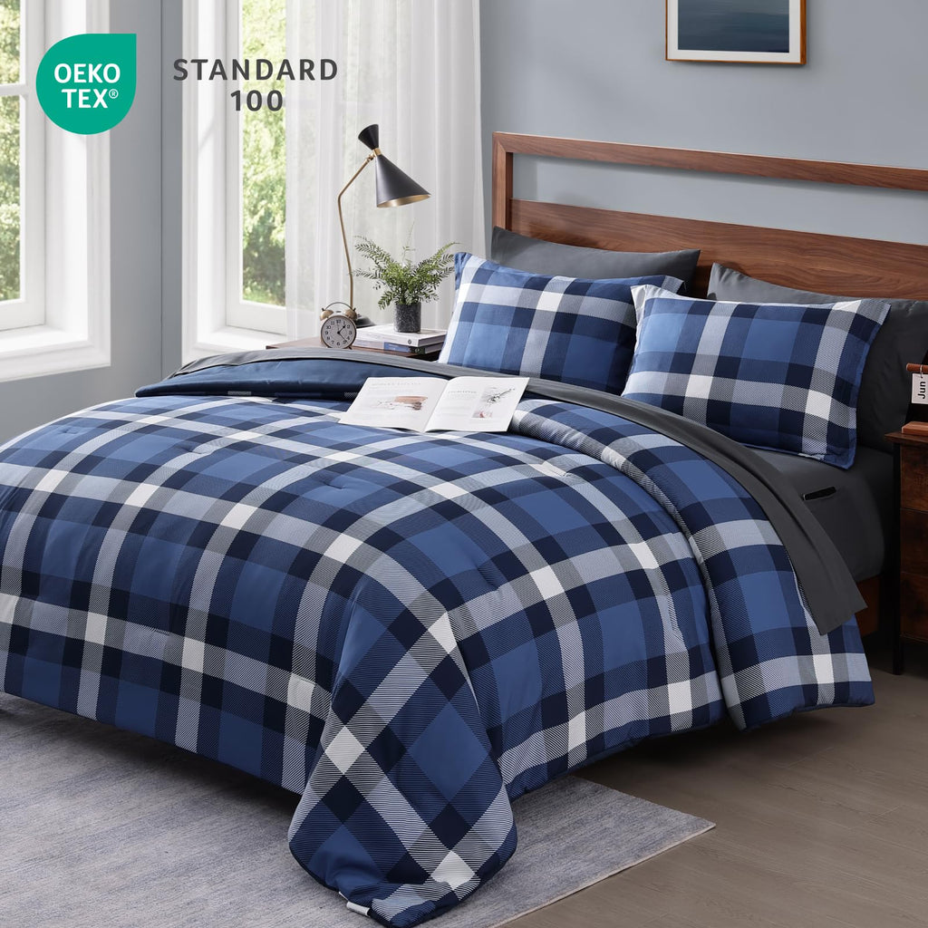 MaiRêve Queen Comforter Set, Classic Plaid Farmhouse Bedding Sets 7 Pieces, Beige All Season Bed in A Bag with Sheets, Pillowcases & Shams