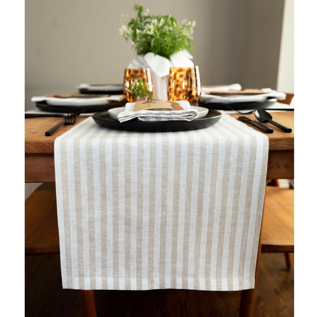 Solino Home Linen Table Runner 36 Inches - Amalfi Stripe 100% Pure Linen Natural and White Table Runner 14 x 36 Inch Ideal for Dresser and Coffee Tables - Summer
