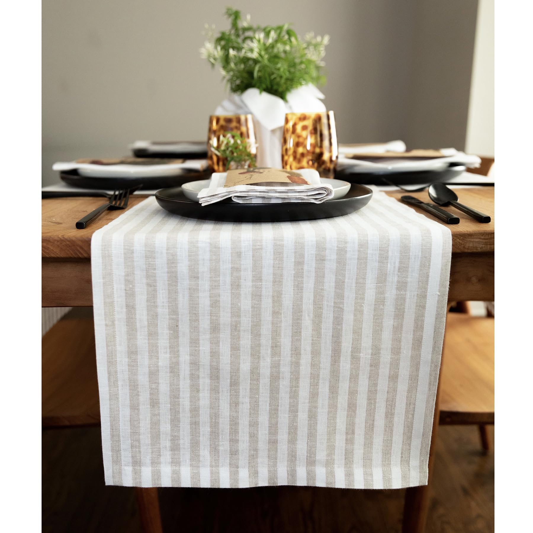 Solino Home Linen Table Runner 36 Inches - Amalfi Stripe 100% Pure Linen Natural and White Table Runner 14 x 36 Inch Ideal for Dresser and Coffee Tables - Summer