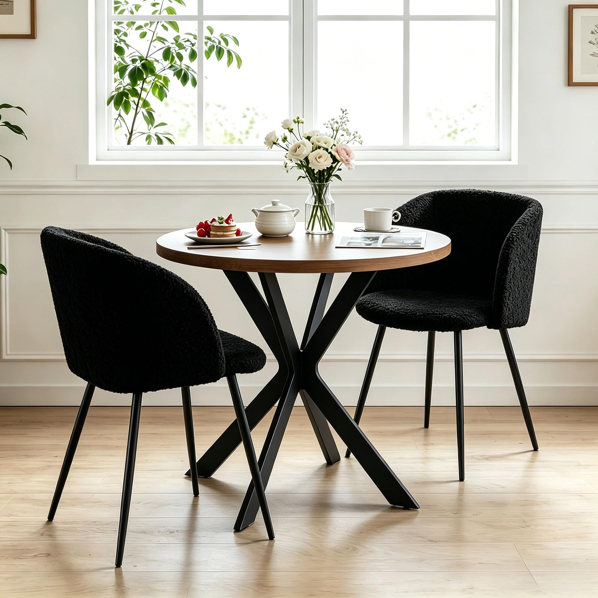 Homedot Dining Table Set for 2 with Black Dining Chairs, 3-Piece Compact Kitchen Table Set for Small Spaces, Rustic Brown Round Table Wooden with Upholstered Dining Side Chairs for Living Room