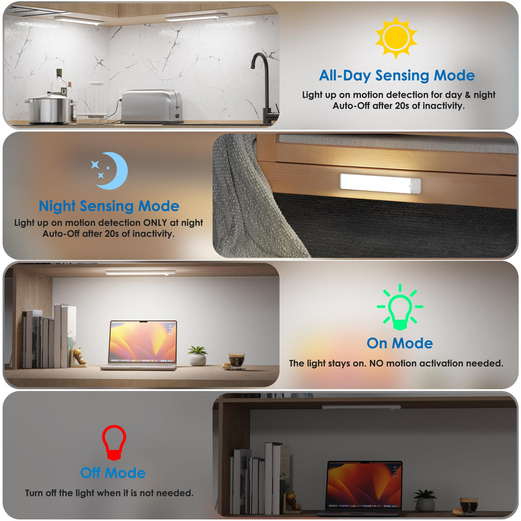 Motion Sensor Under Cabinet Lights, Magnetic Rechargeable Under Counter Closet Light, Wireless Night Light Bar Stick-On, 2-Pack, Warm White
