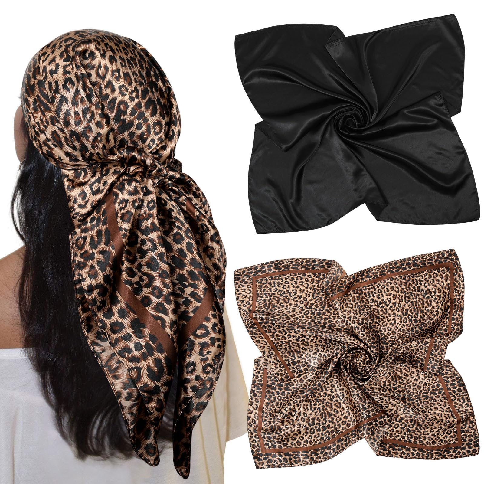 AWAYTR 35” Large Satin Square Head Scarf - 2Pcs Silk Like Floral Head Scarves Square Satin Hair Scarf Bandanas for Women