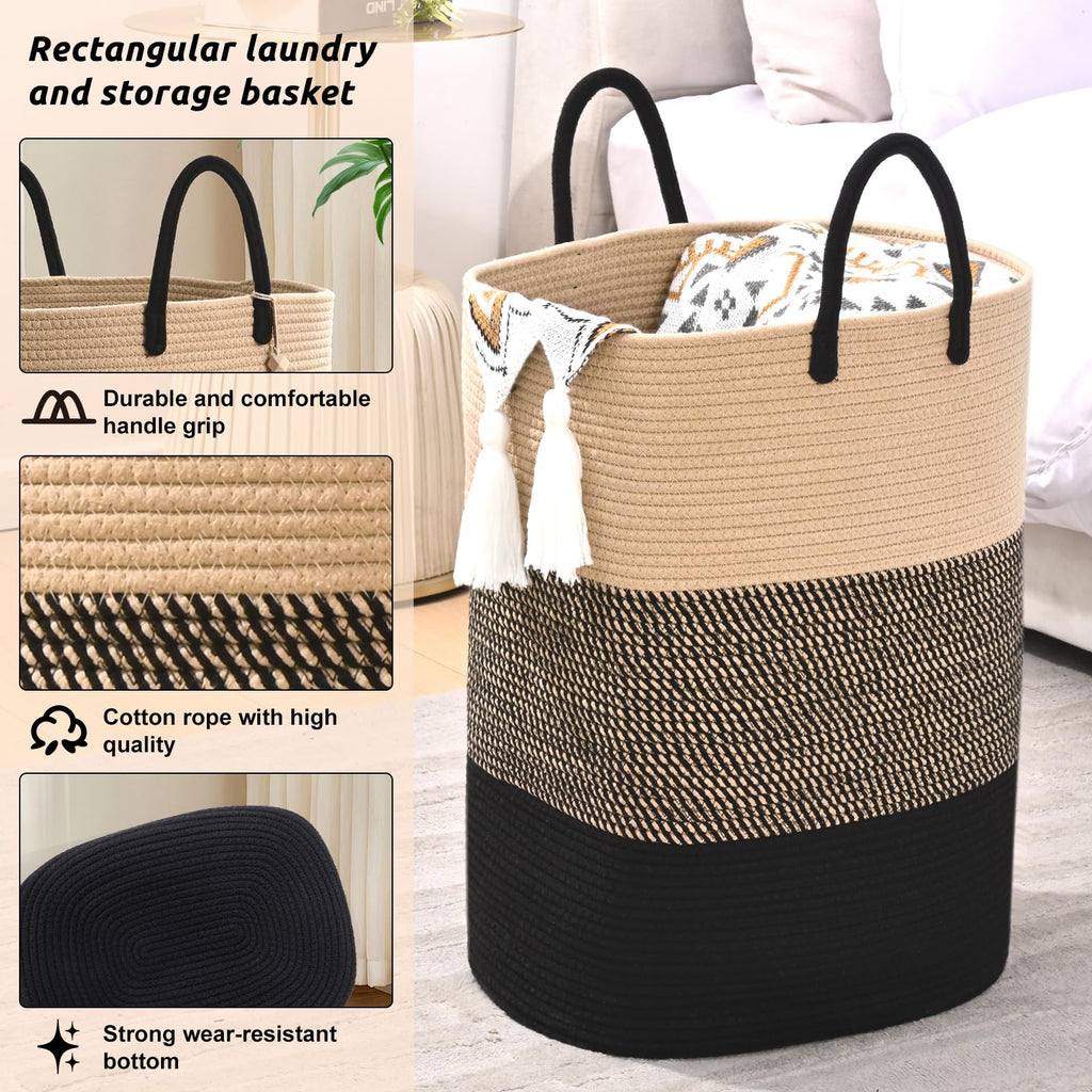 Woven Laundry Basket for Clothes, 50L Large Rectangle Laundry Hampers with Beads Tassel, Nursery Storage Basket for Toys, Tall Dirty Clothes Hamper for Bedroom Aesthetic, Laundry Room Organization