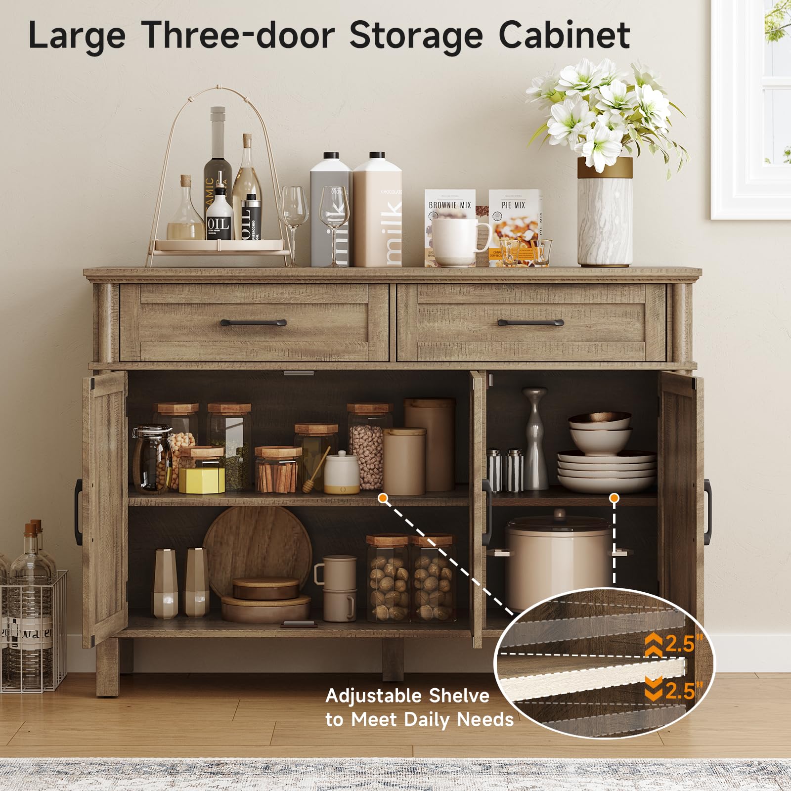 ONBRILL 48 Inches Buffet Cabinet with Storage, Farmhouse Sideboard Buffet w/2 Drawers and 3 Doors, Wood Coffee Bar Cabinet with Adjustable Shelves, Sideboard Storage for Kitchen, Living Room, Black