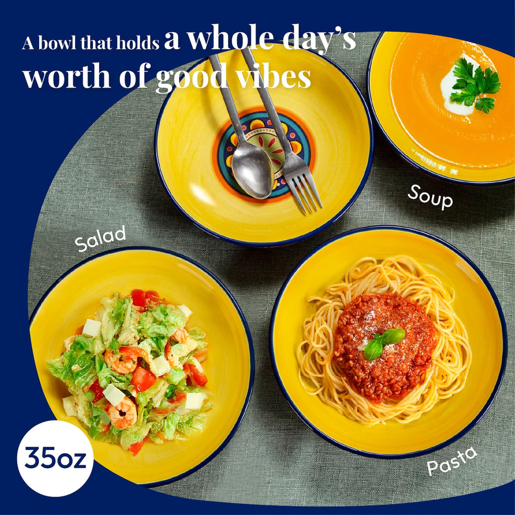 Bico Blue Talavera Pasta Bowls, 35oz Salad Bowl Set of 4, Large Ceramic Serving Dinner Bowls for Soup and Cereal, Microwave and Dishwasher Safe, Gift for Housewarming and Thanksgiving