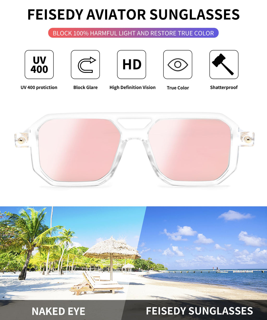 FEISEDY Vintage Square 70s Flat Aviator Sunglasses Women Men Classic Retro Stylish Frame UV400 Sunglasses B2622