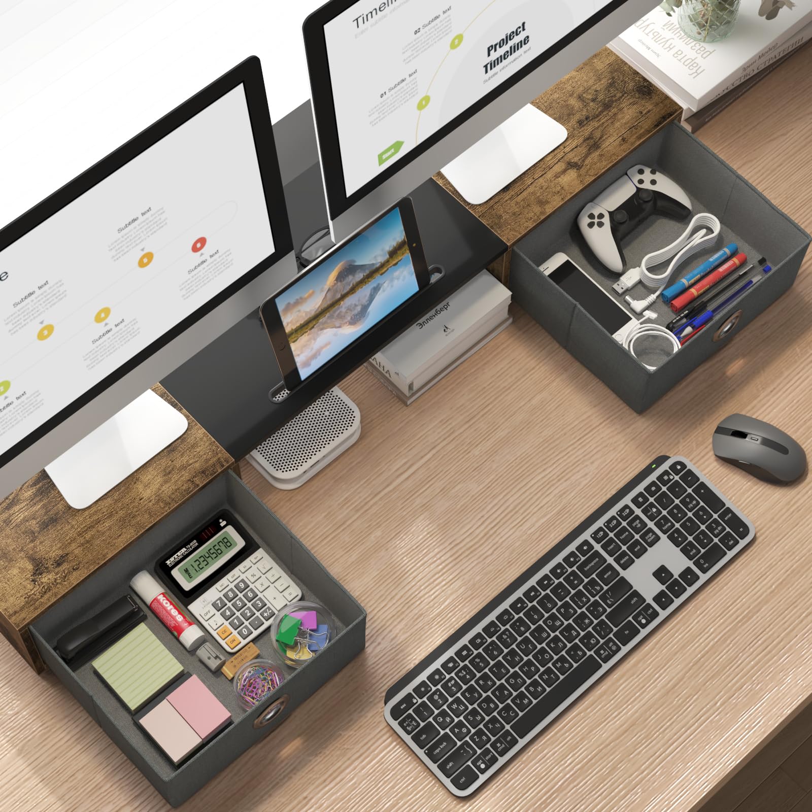 WESTREE Dual Monitor Stand Riser with Two Drawers, Extra Large Storage Monitor Stand for 2 Monitors, Desktop Oraganizer Stand for Computer,Laptop,Screen,Printer,TV