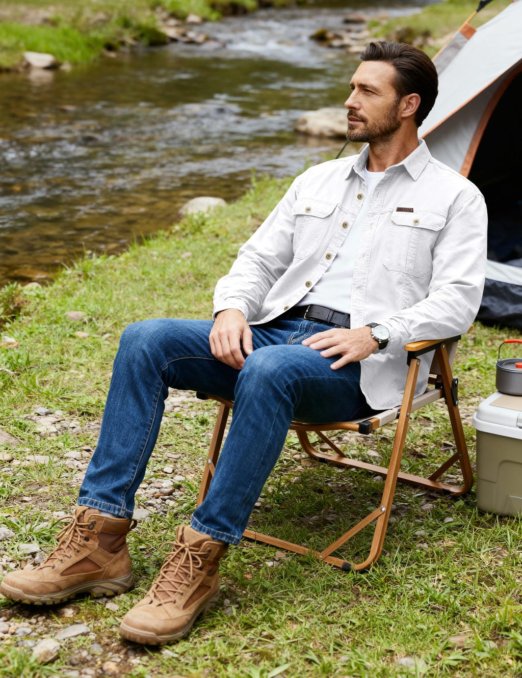 Eisctnd Men's Long Sleeve Cotton Work Shirt Casual Loose Fit Button Down Shirts with 2-Pocket for Outdoor Safari