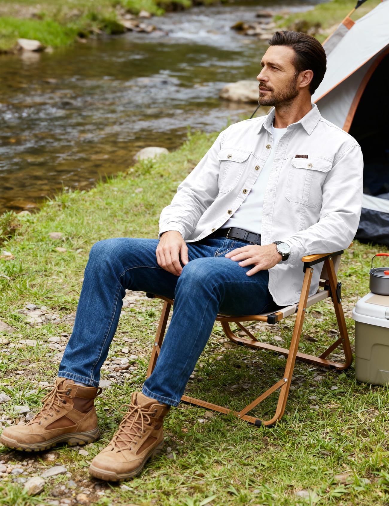 Eisctnd Men's Long Sleeve Cotton Work Shirt Casual Loose Fit Button Down Shirts with 2-Pocket for Outdoor Safari