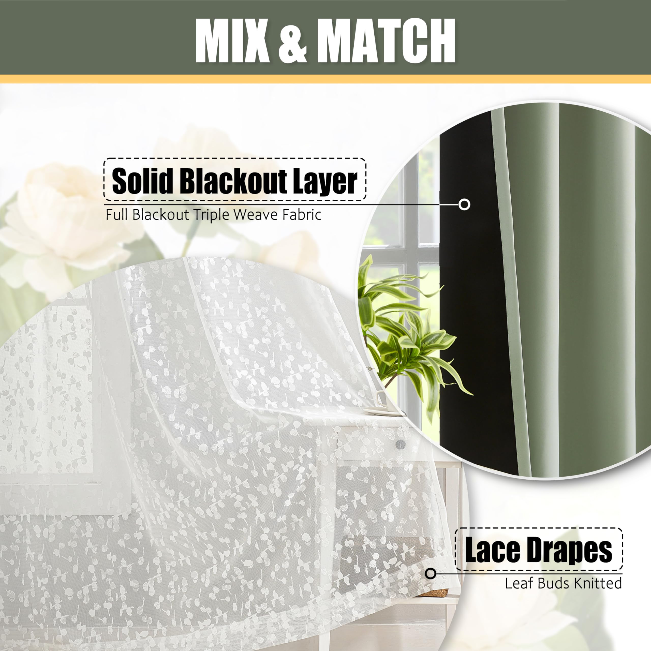 Jubilantex Full Blackout Curtains + Leaf Sheer Window Panels, Beige Mix and Match Style Double Layer Window Treatment Sets for Bedroom Living Room, 4 Panels 52" W x 63" L, Beige and White