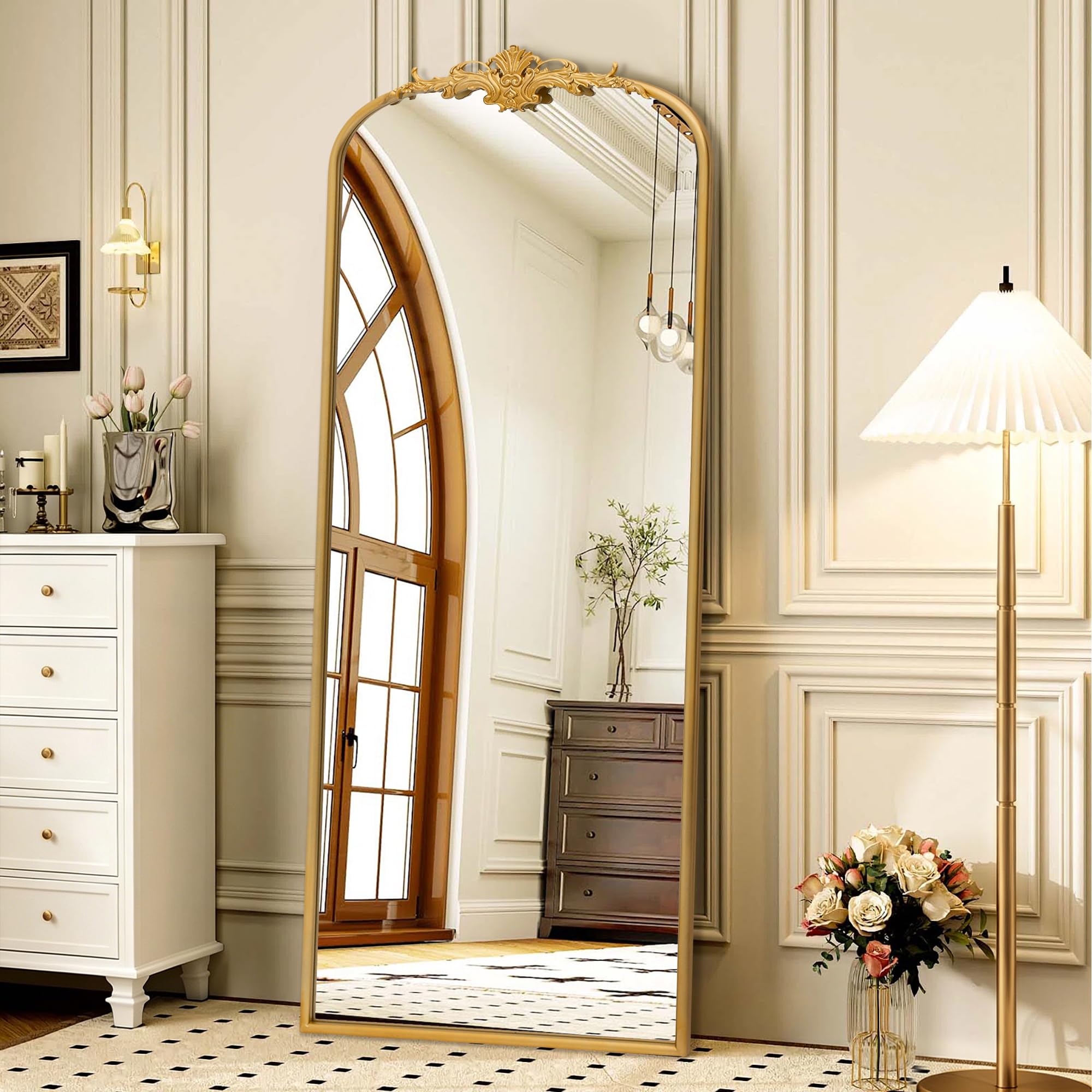 Besdomus Vintage Arched Black Mirror: 32"x24" French Large Black Vintage Wall Mirror - Baroque Traditional Ornate for Living Room/Fireplace/Bathroom- Ideal Gifts for Housewarming/Birthday