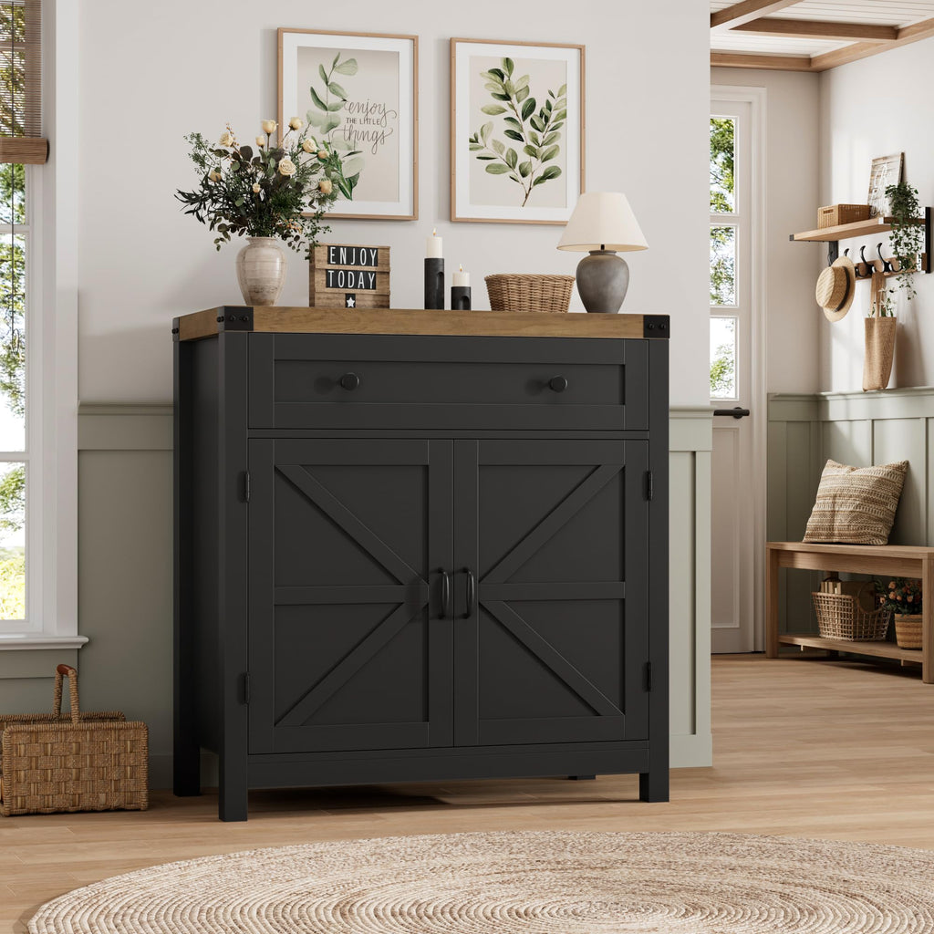 HOSTACK Coffee Bar Cabinet, Kitchen Storage Cabinet, Modern Farmhouse Buffet Sideboard with Drawer and Adjustable Shelf, Barn Door Accent Cabinets for Kitchen, Dining Room, Entryway, Ash Grey