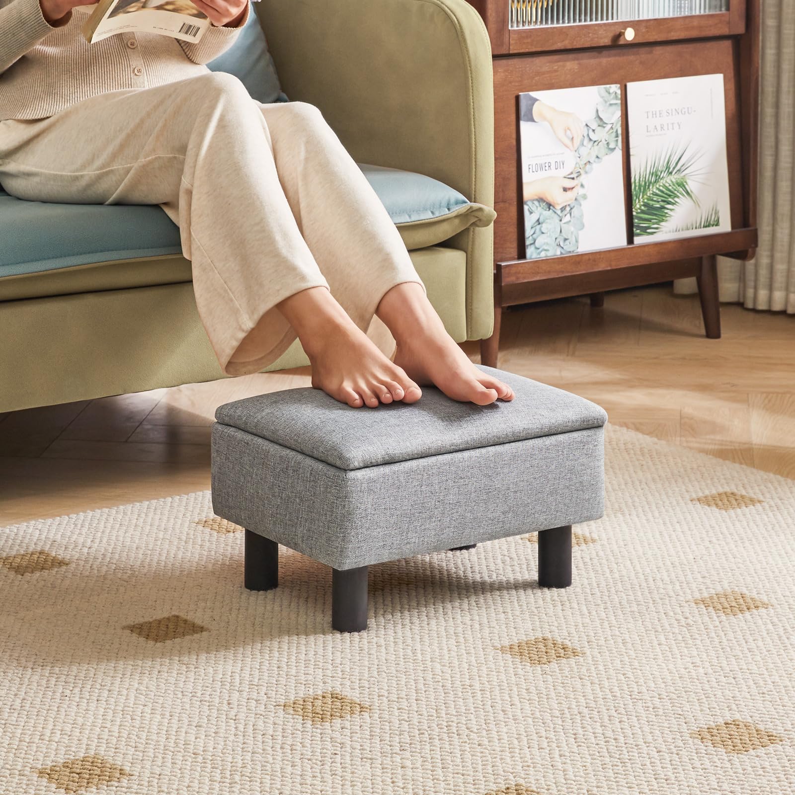 IBUYKE 16.54" Small Footstool, PU Faux Leather Step Stool, with Padded Seat Pine Wood Legs and Padded Rectangular Stool, for Bedroom, Black RF-BD210