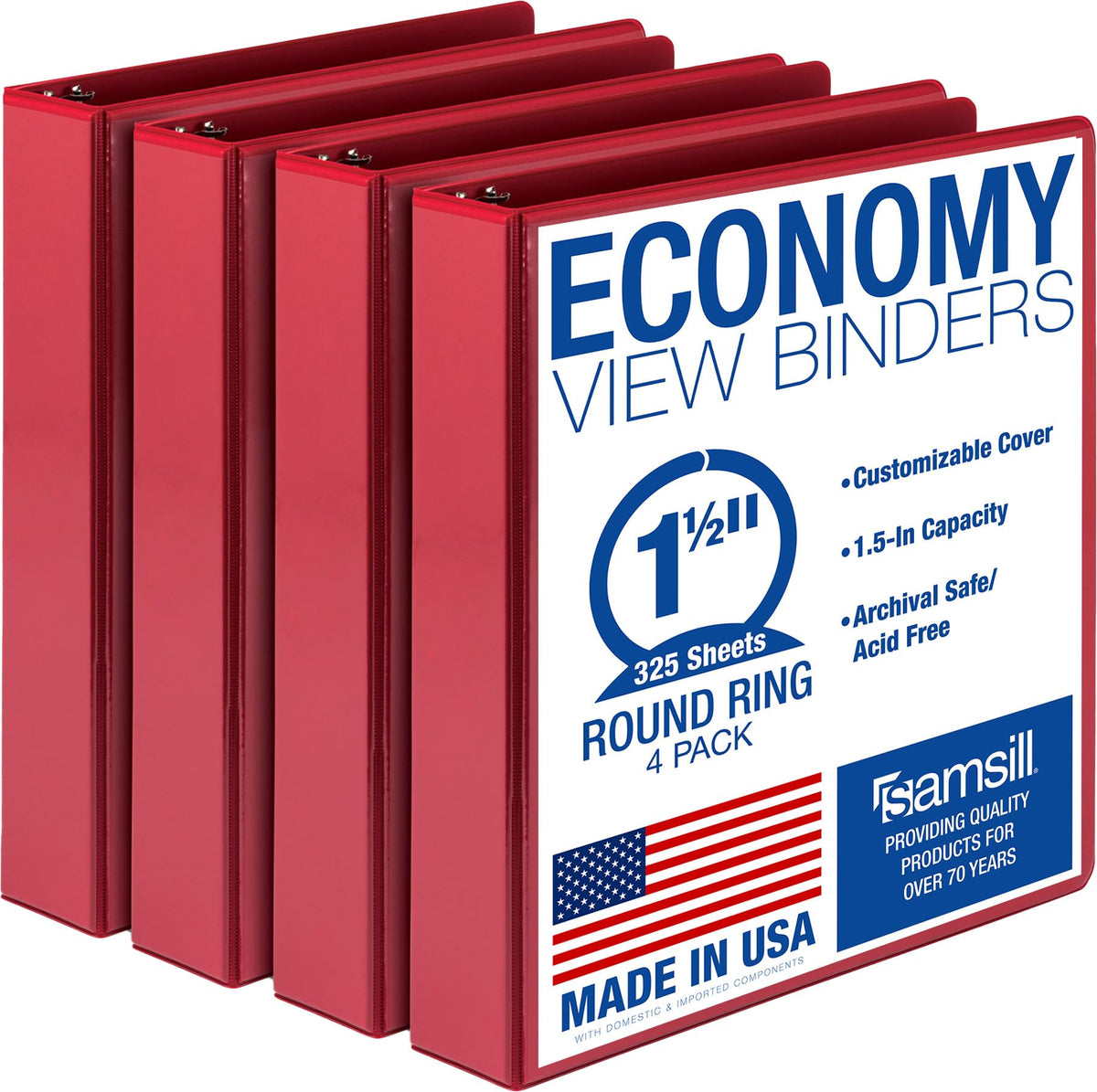 Samsill 1 Inch 3 Ring Binders, Economy Round Ring, Clear View Cover, 200 Sheet Capacity - for School, Home, Office - Blue, 4 Pack