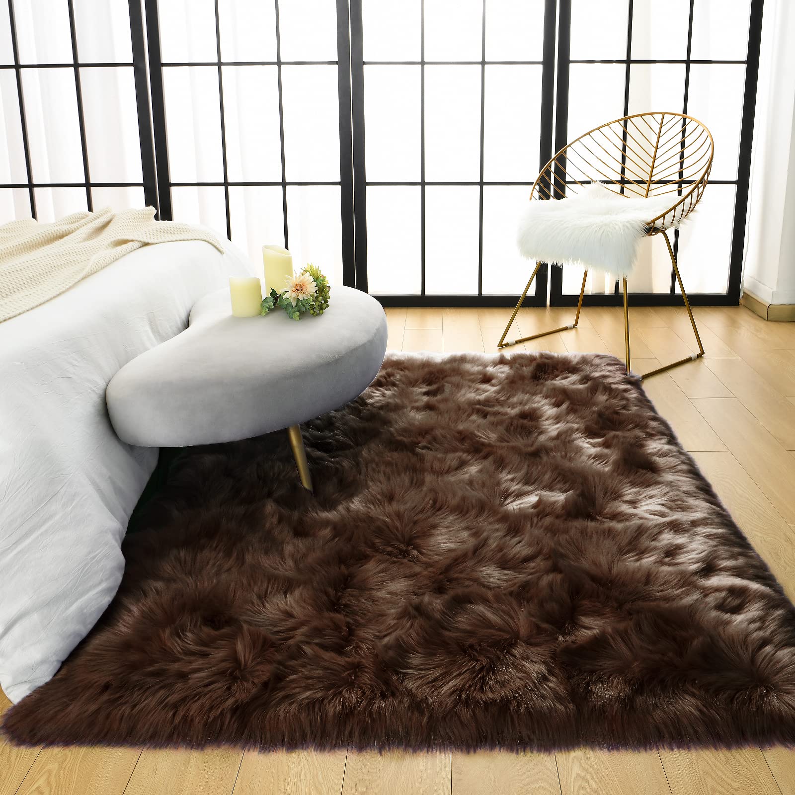 LOCHAS Soft Fluffy Faux Fur Rugs for Bedroom Bedside Rug 2x3 Feet, Washable, Furry Sheepskin Area Rug for Living Room Girls Room, Luxury Shag Carpet Home Decor, Beige