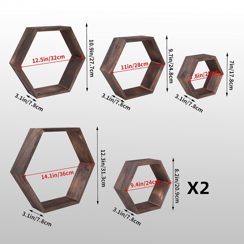 WONFUlity Hexagon Shelves for Wall Mounted, Wood Farmhouse Storage Honeycomb Floating Shelves for Wall Decor,Screws Anchors Included,5pc
