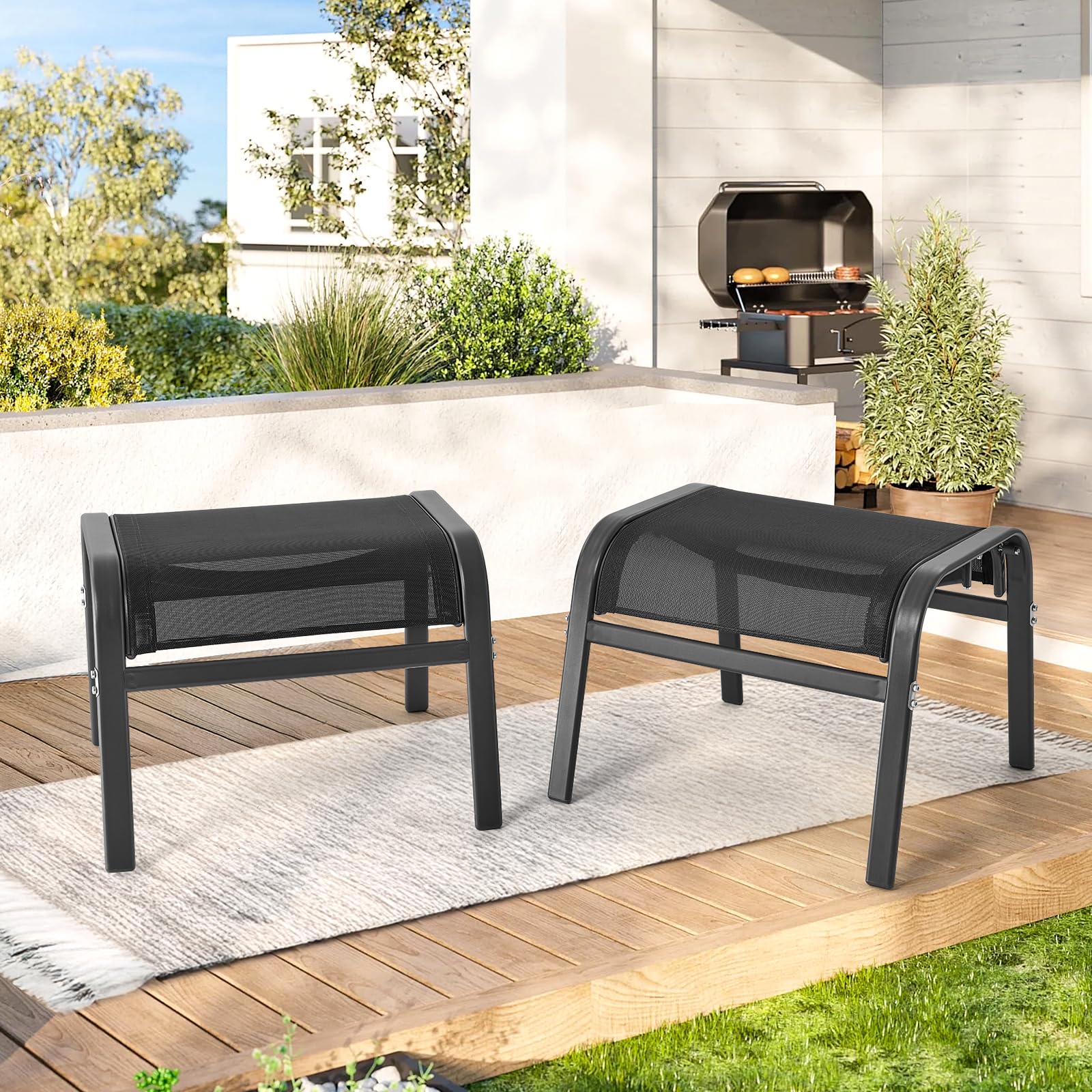 ONBRILL Outdoor Ottoman Set of 2, All Weather Outdoor Foot Stool with Supportive Textliene and Metal Frame, Stackable Oversized Outdoor Foot Rest for Furniture Patio Garden Pool, Beige