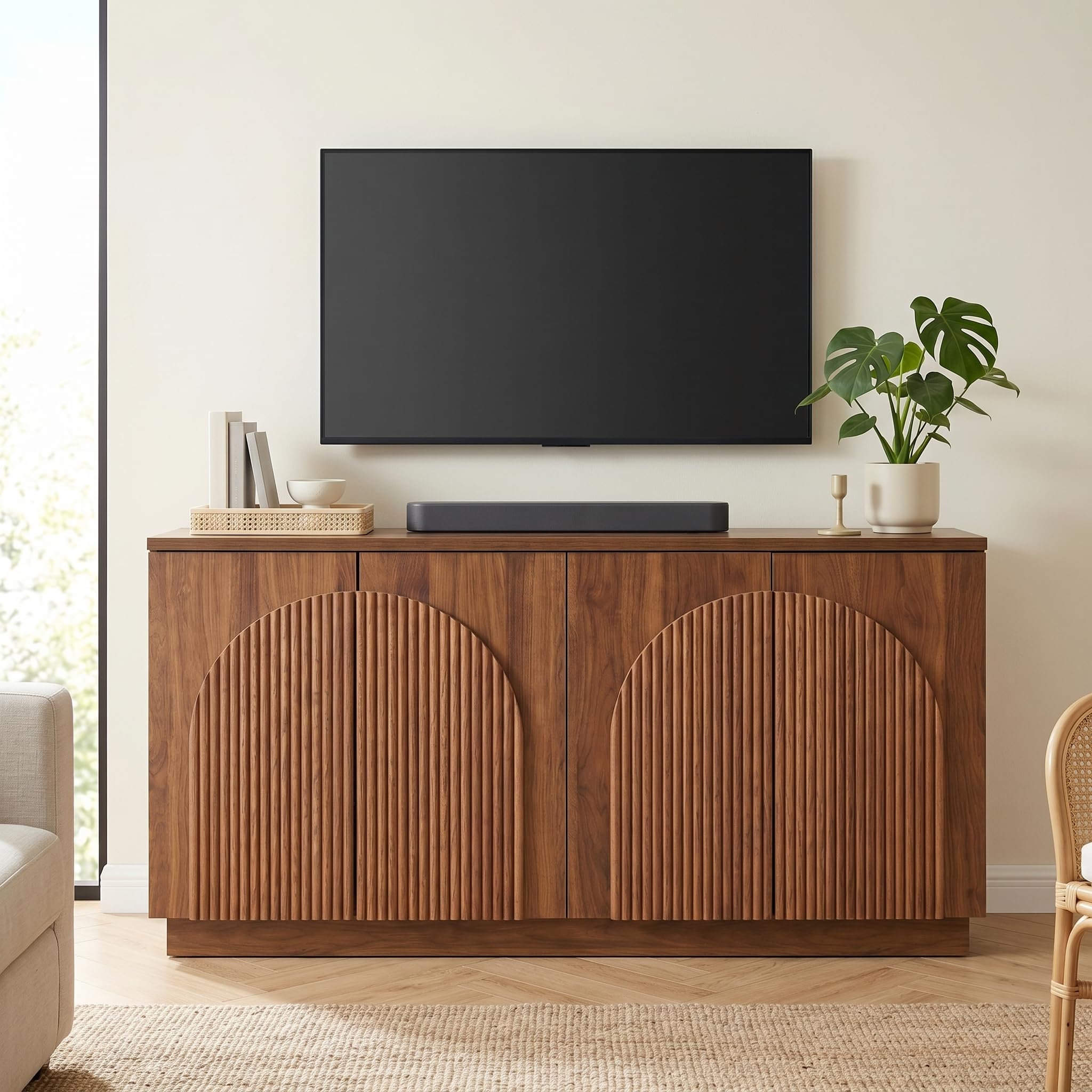 Yechen 55" Fluted Sideboard Buffet Cabinet with Storage, Wood Mid Century Modern Credenza Cabinet w/Arched Reeded Doors & Adjustable Shelves for Kitchen, Living Room, Entryway