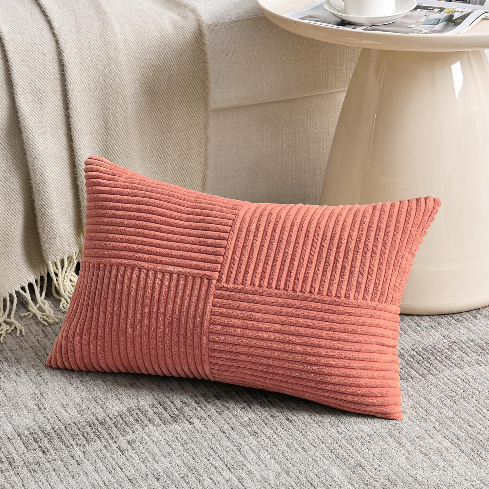 Fancy Homi Olive Green Samll Decorative Throw Pillow Covers 12x12 Inch with for Living Room Couch Bed Sofa, Rustic Farmhouse Boho Home Decor, Soft Corss Patchwork Corduroy Square Cushion Case 30x30 cm
