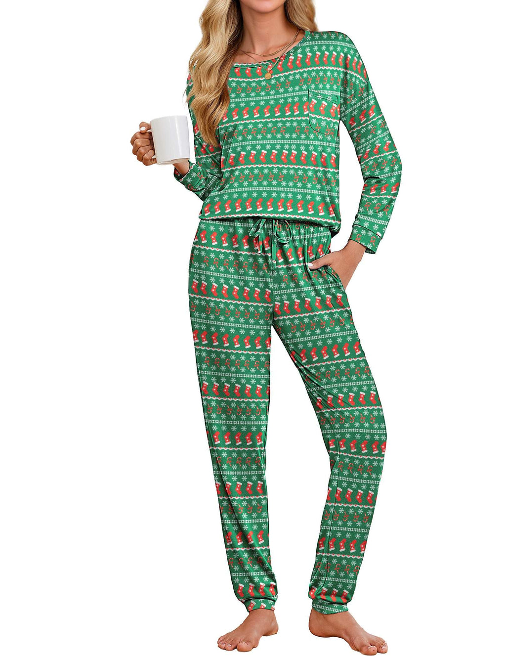 Ekouaer Womens Pajamas Set Long Sleeve Christmas PJ Sets Soft Lounge Set for Women Sleepwear Joggers with Pockets