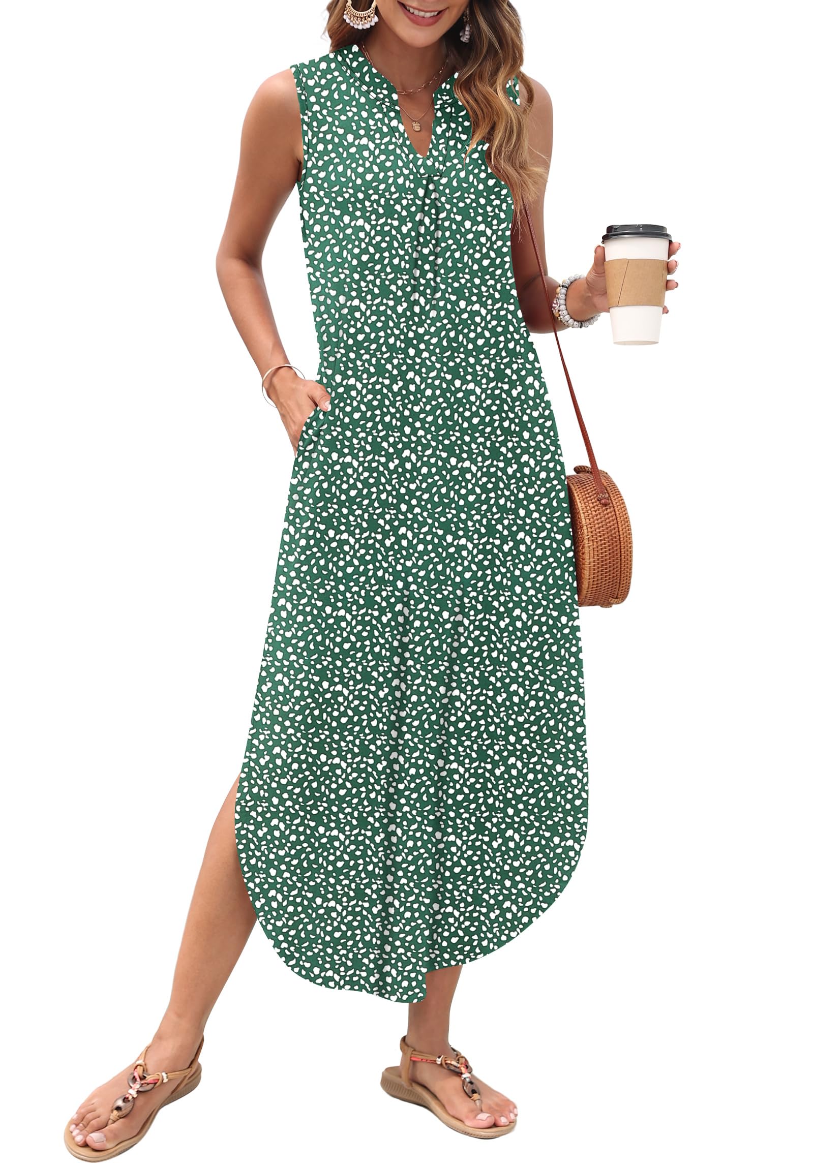 AUSELILY Womens Summer Casual Maxi Dresses 2026 Sleeveless Long Beach Dresses V Neck Loose Sundresses with Side Split Pockets
