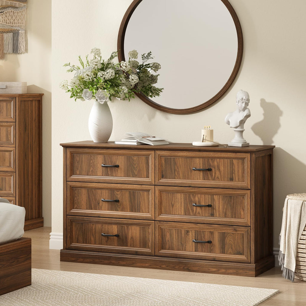 Farmhouse 5 Drawers Dresser for Bedroom, 44" Tall Brown dresser Wood Rustic Chest of Drawers with Wide Metal Handle,Natural Texture,Drawer Organizer for Bedroom,Living Room,Hallway and Entryway