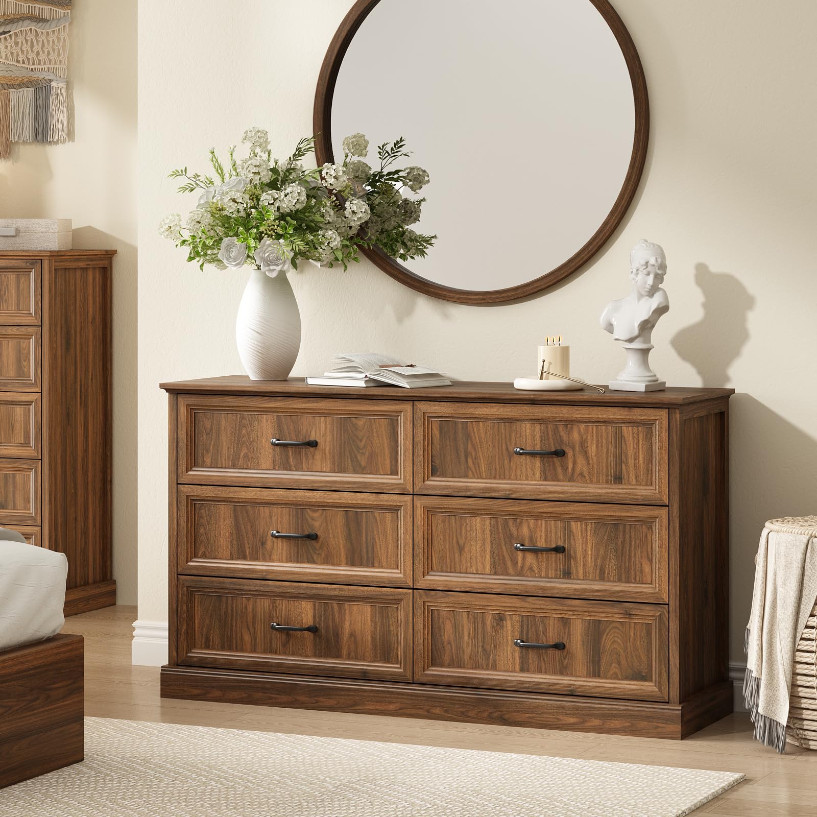 Farmhouse 5 Drawers Dresser for Bedroom, 44" Tall Brown dresser Wood Rustic Chest of Drawers with Wide Metal Handle,Natural Texture,Drawer Organizer for Bedroom,Living Room,Hallway and Entryway