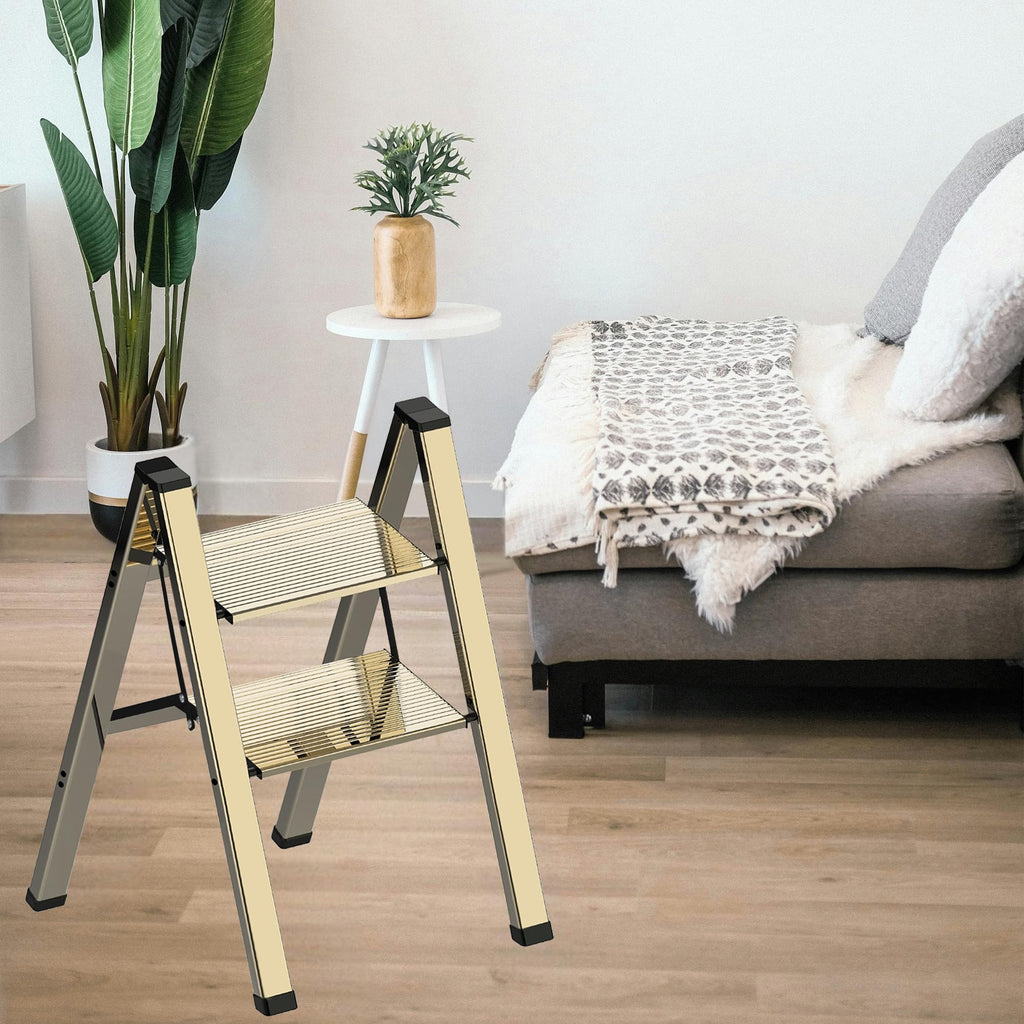 2 Step Lightweight Folding Ladder for Home, 330lbs Aluminum Step Ladder Anti-Slip for Kitchen, Step Stool Foldable Adults for Closet, 330lbs - Black