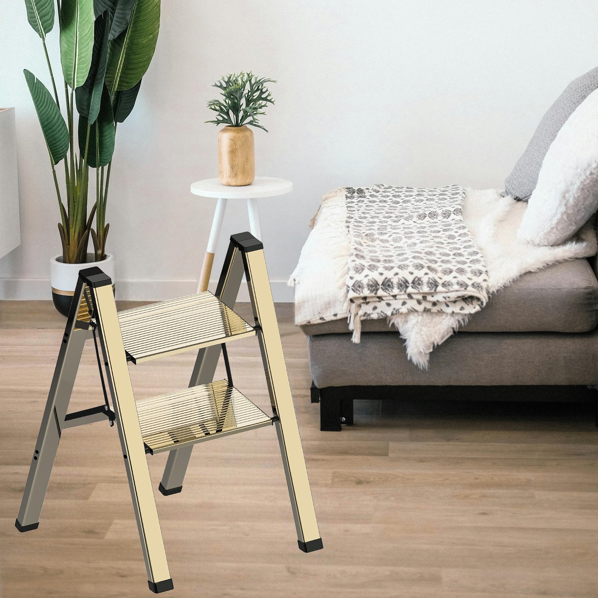2 Step Lightweight Folding Ladder for Home, 330lbs Aluminum Step Ladder Anti-Slip for Kitchen, Step Stool Foldable Adults for Closet, 330lbs - Black