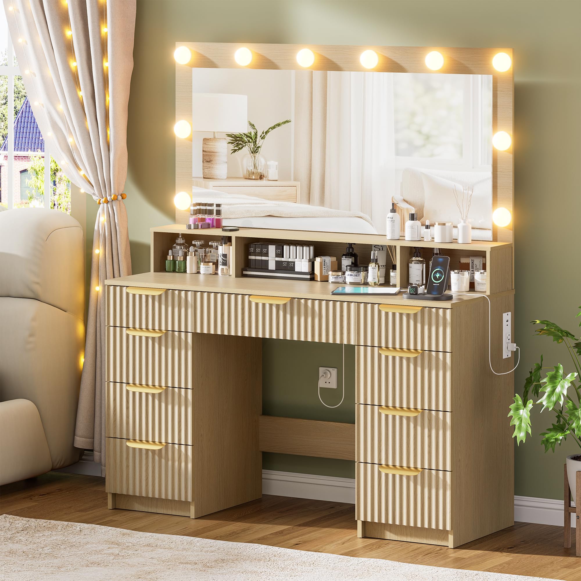 Vanity Desk with Lighted Mirror, Black Vanity with 4 Drawers,Makeup Vanity with Storage Shelves and Power Outlet,10 Lights with 3 Color Modes Brightness Adjustable for Girls’ Bedroom (Black)