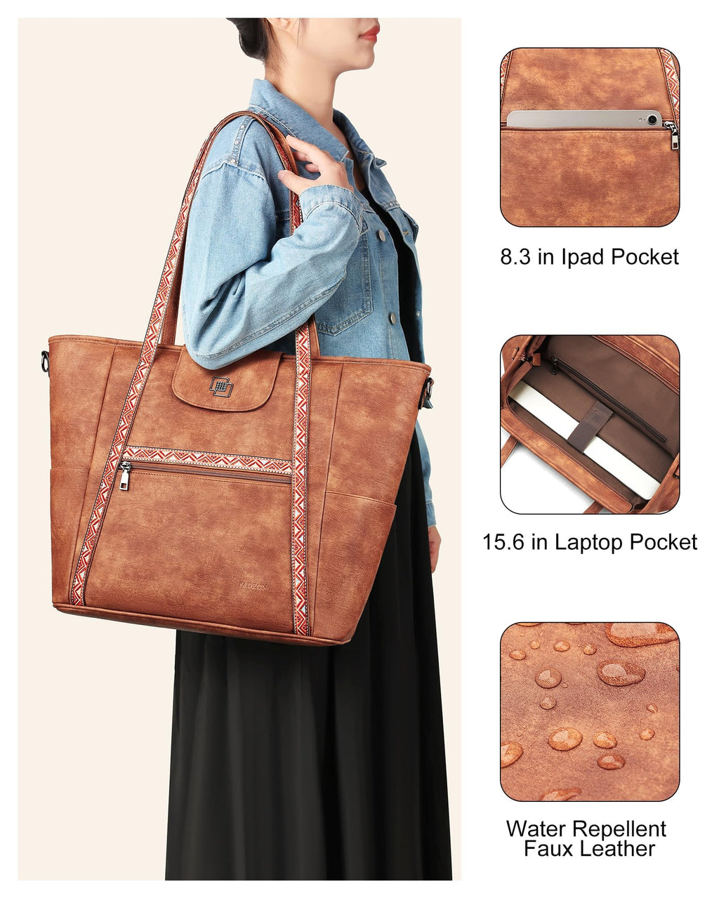 FADEON Large Laptop Tote Bag for Women Designer Leather Laptop Bag Fashion Travel Backpack Purse Shoulder Handbag