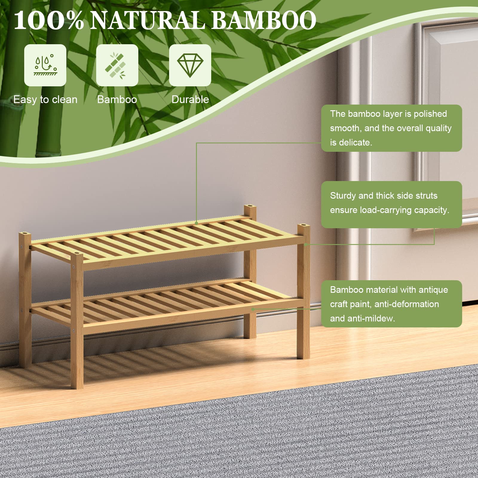 ROMGUAR CRAFT 2-Tier Bamboo Long Shoe Rack, Free Standing Wood Shoe Shelf Storage Organizer for Closet Entryway Stackable 35"x11"x13" (Black)