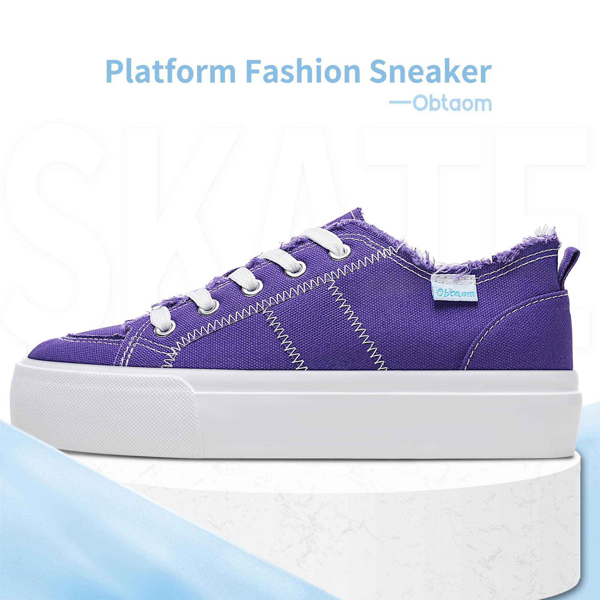 Obtaom Women Platform Canvas Sneakers White Comfort Play Fashion Sneakers Casual Lift Platform Lace Up Shoes Cute Low Top Walking Shoes for Lady