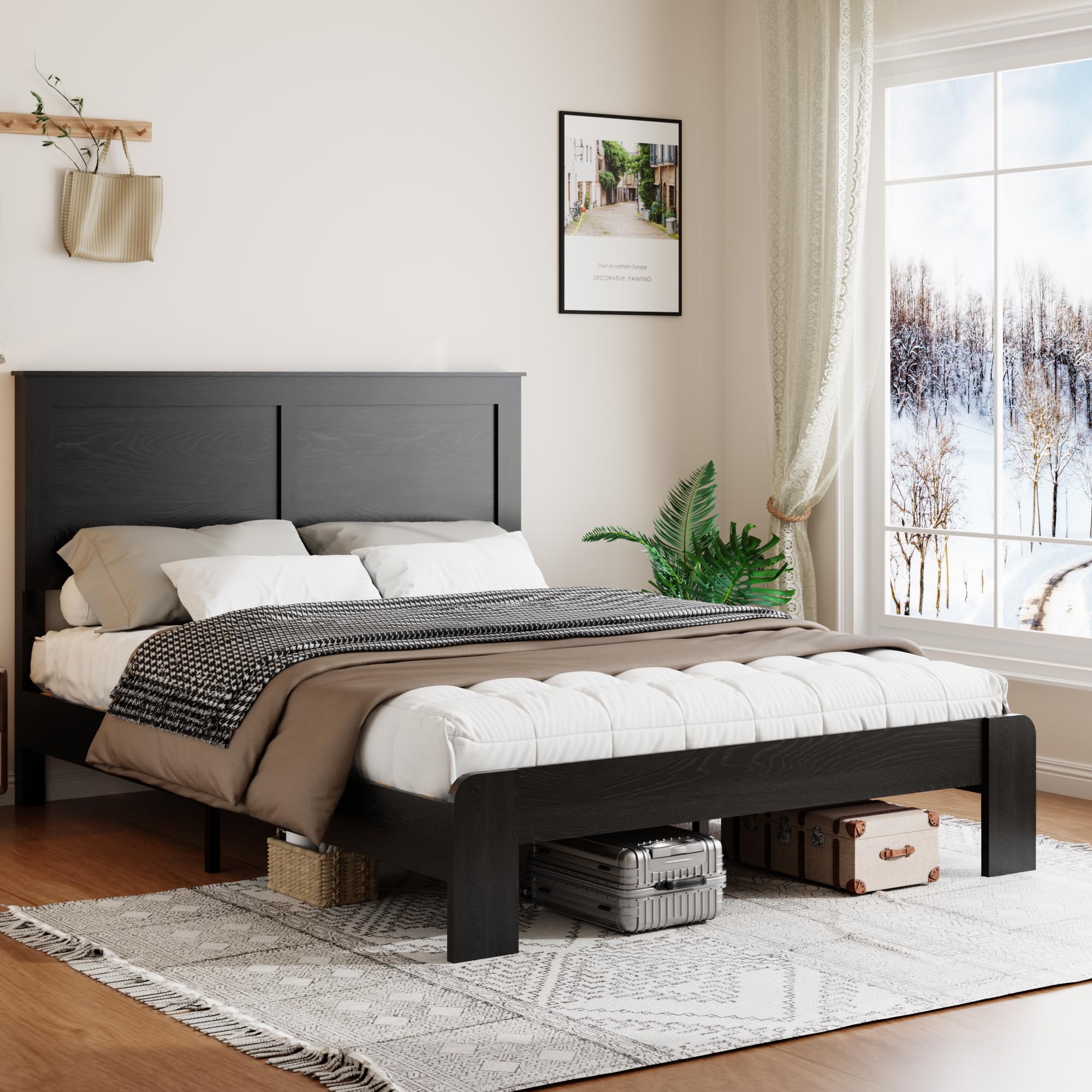 Wooden Bed Frame Full Size with Headboard, Farmhouse Platform Bedframe with Wood Slat Support, Sturdy Framework Bed Frame, Easy Assembly (Rustic Black)