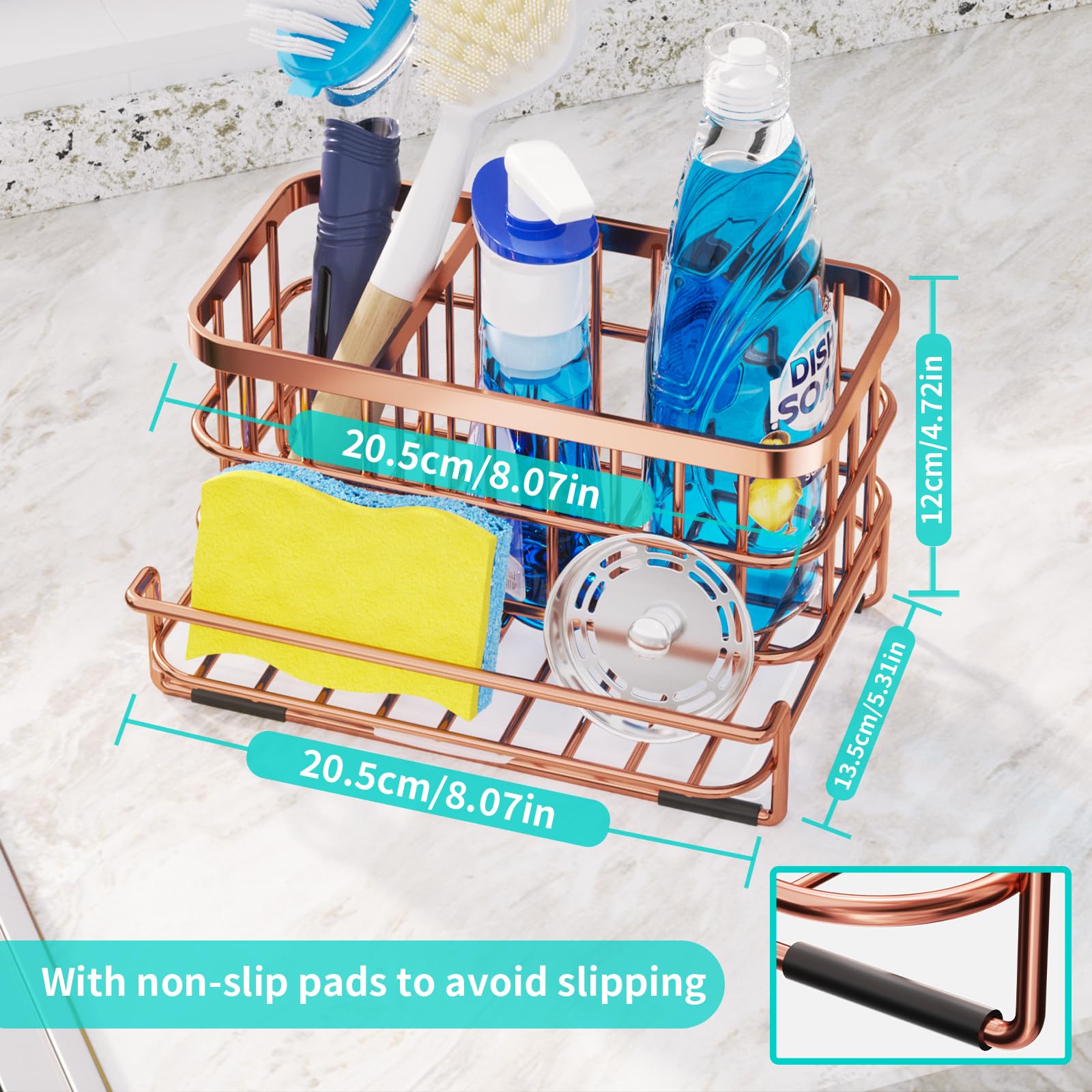 HapiRm Kitchen Sink Organizer, SUS304 Stainless Steel Rustproof Multifunctional Large Sink Caddy with Sponge Holder and Drain Tray for Kitchen Countertop (Silver)