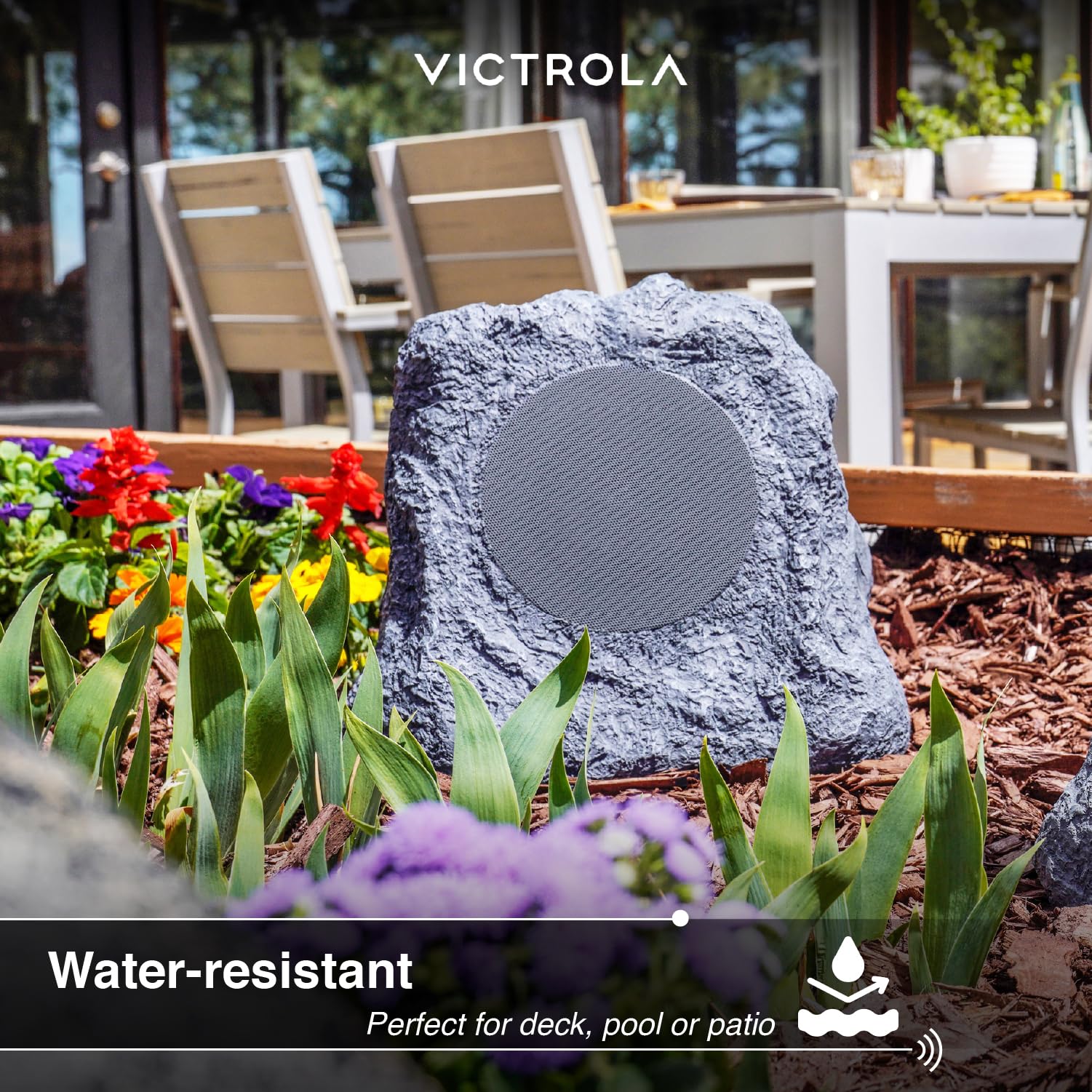Victrola Outdoor Rock Speaker (Pair) – IPX4 Rechargeable Outdoor Bluetooth Speakers for Garden, Patio, Built for All Seasons, Wireless Music Streaming (Charcoal)
