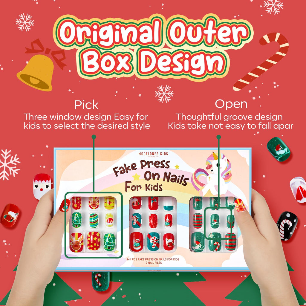 Modelones Press on Nails for Kids 144Pcs 6 Pack Children Acrylic Fake Nails Pre-glue Full Cover Glitter Gradient Color Heart Cat Short False Nail Art Kits Sets Christmas Gifts for Kids Girls
