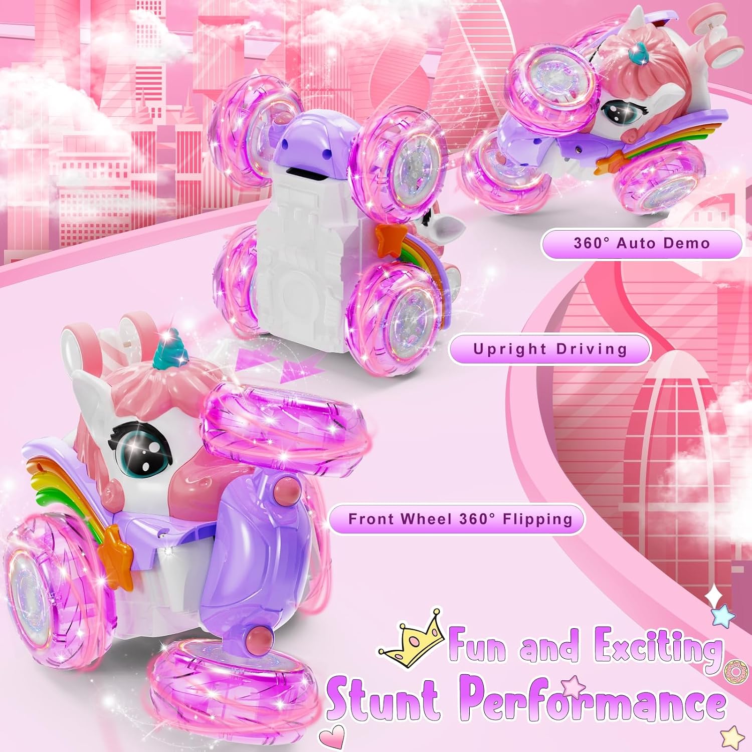 Kikikid Unicorn Remote Control Car for Girls, 360° Rotating 4WD Stunt RC Cars with Cute Lights, Rechargeable Car Toys Birthday Gifts for Kids Girl Age 3 4-6 6-8