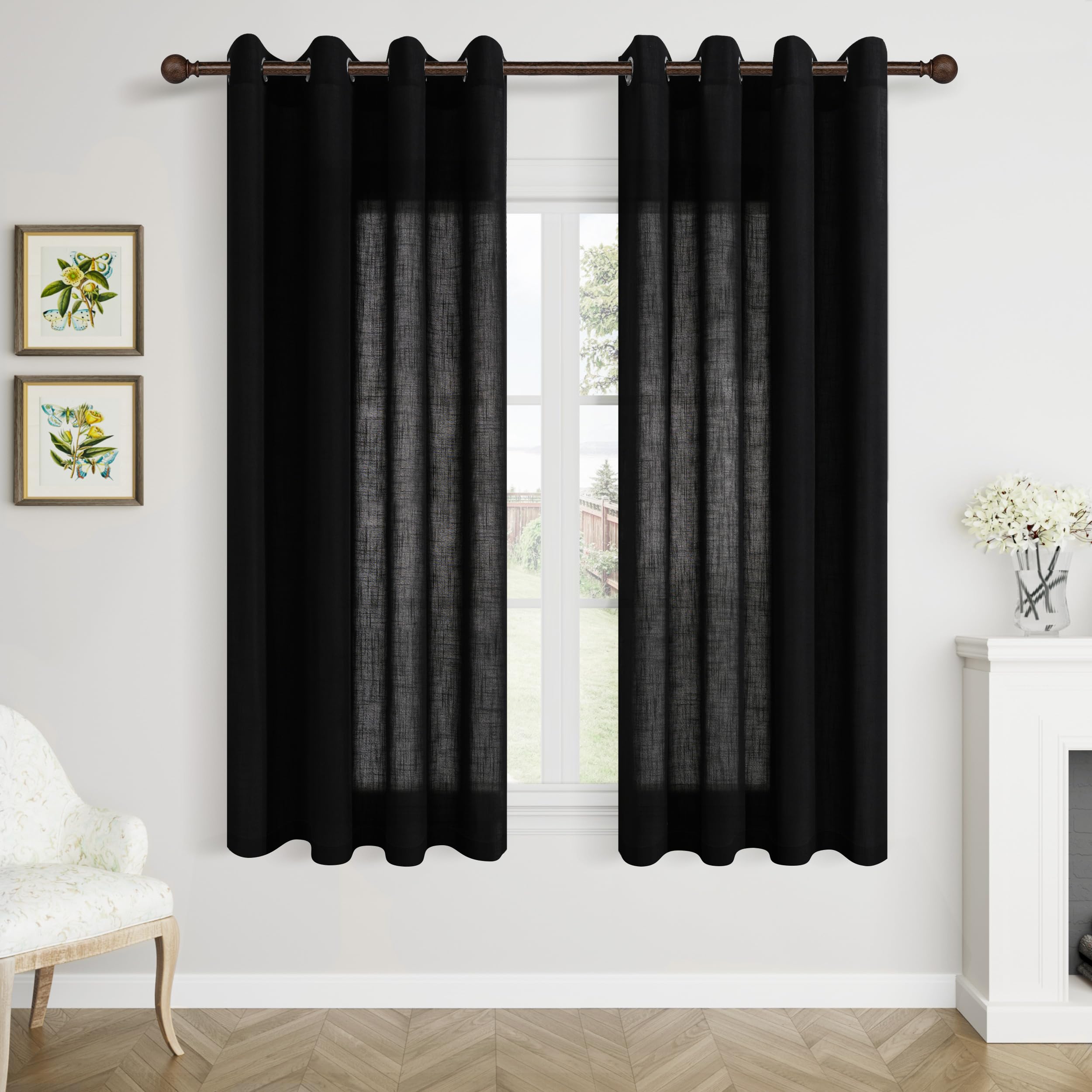 Aersas Black Bedroom Linen Curtains 63 Inch Length 2 Panel Privacy Energy Efficient Semi Sheer Black Linen Drapes for Living Room Modern Farmhouse Grommet Window Curtain for Nursery Office 52x63