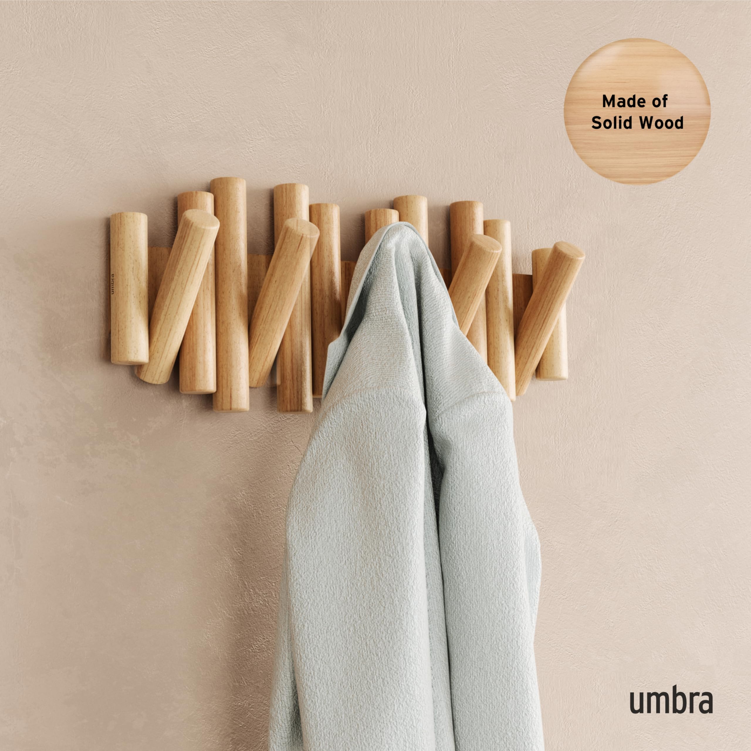 Umbra Picket Wall-Mounted Coat Rack Rail Hook with 5 Retractable Wood Pegs – Modern, Space-Saving Storage Organizer, Black