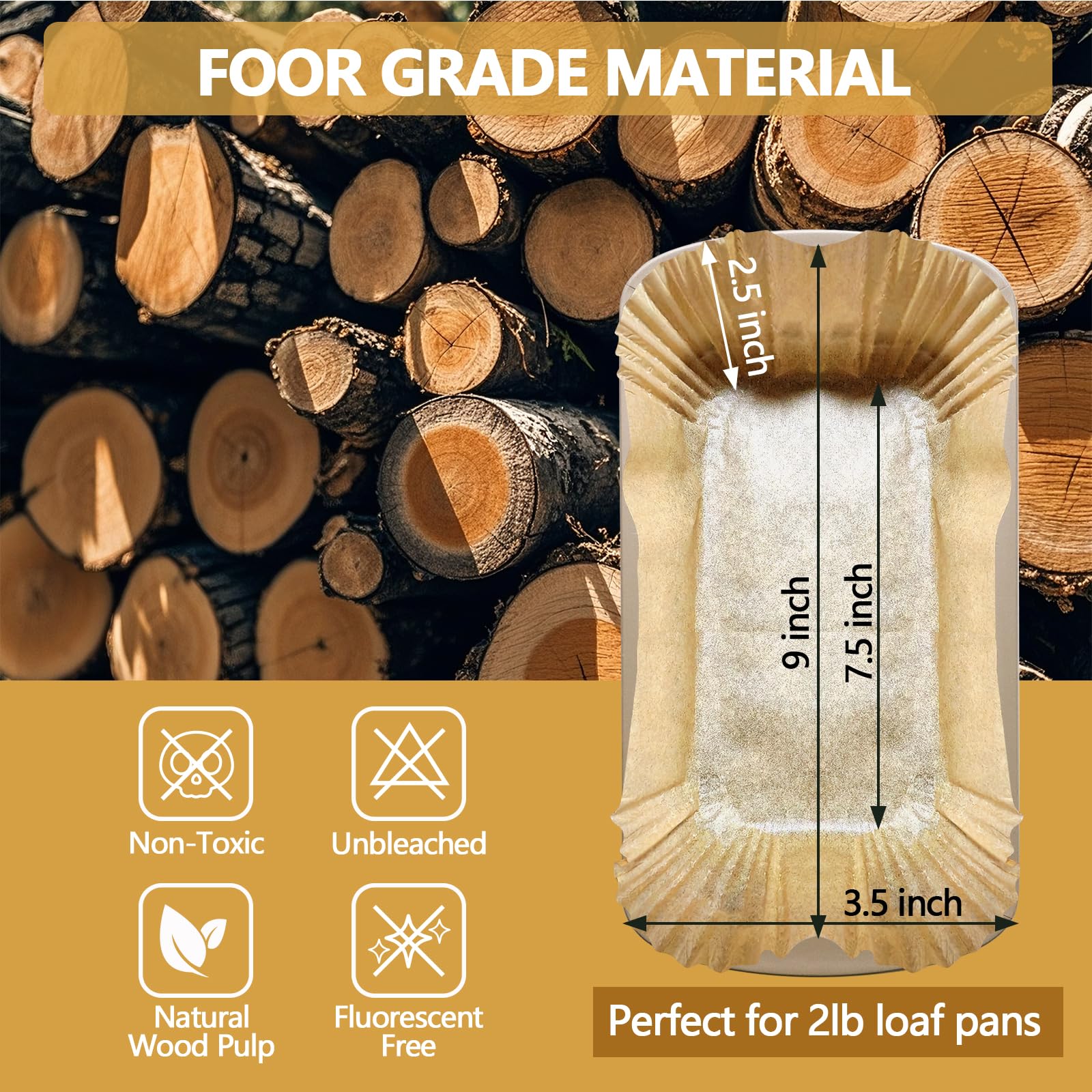 UBeeize 2lb Loaf Pan Liners, 100 PCS Loaf Pan Liners for Baking Bread 9x5, Non-Stick Bread Pan Liners, Pre-formed Rectangle Paper for Bread and Cakes