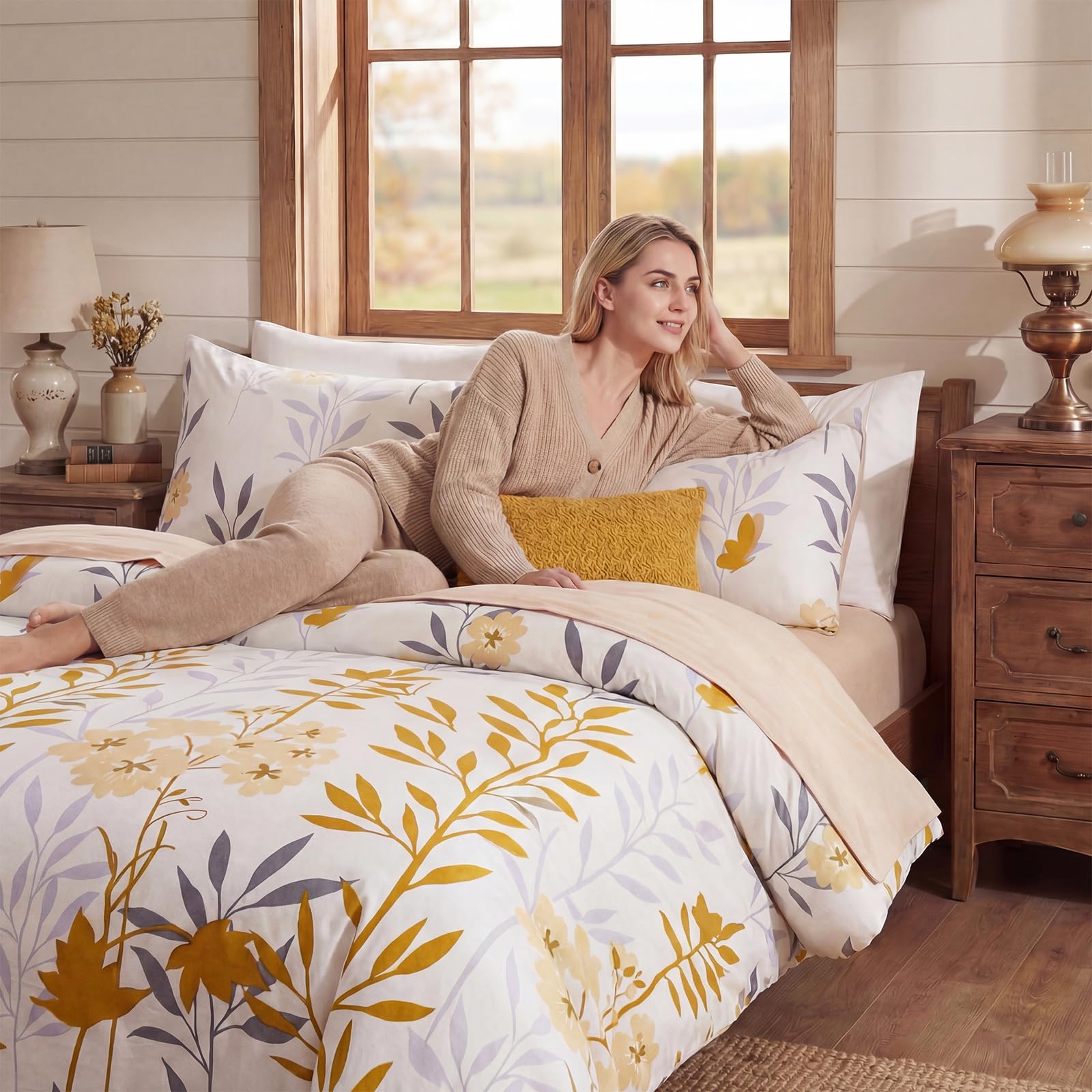 100% Natural Cotton Comforter Set Queen 3 Pcs Grayish Blue Bedding Sets with Luxurious Damask Pattern, Reversible Breathable Soft Comforter Sets for All Season