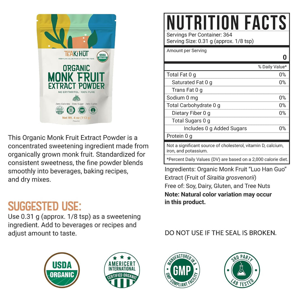 Organic Monk Fruit Extract Powder, Pure Non-GMO Sweetener 4oz