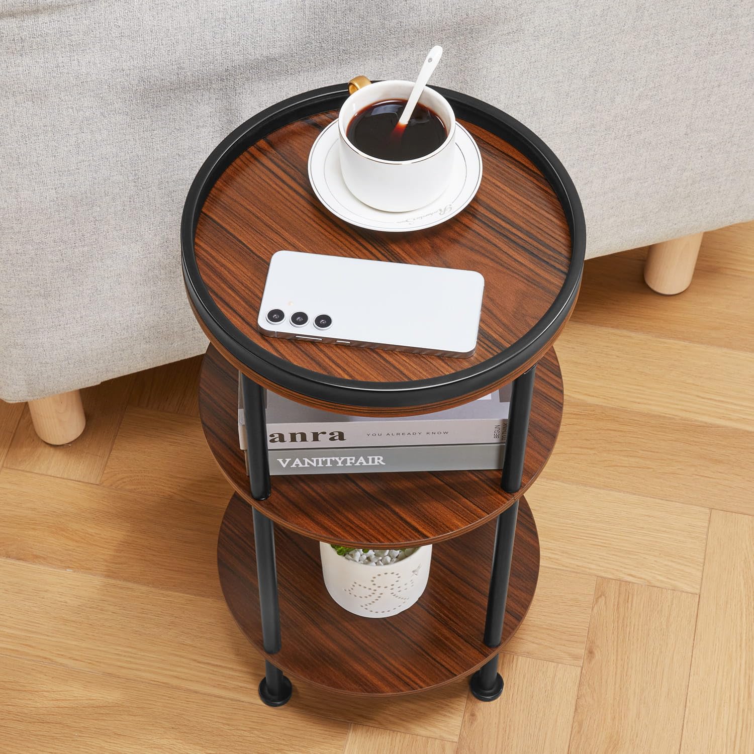 Small Round Side Table with Charging Station for Small Spaces, 3-Tier Accent Table with USB Ports & Power Outlets, Sofa Corner Tea Table for Living Room Nightstand Bedroom Apartment (Black)