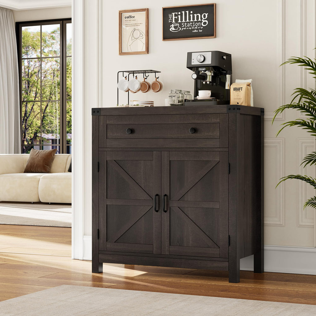 HOSTACK Coffee Bar Cabinet, Kitchen Storage Cabinet, Modern Farmhouse Buffet Sideboard with Drawer and Adjustable Shelf, Barn Door Accent Cabinets for Kitchen, Dining Room, Entryway, Ash Grey