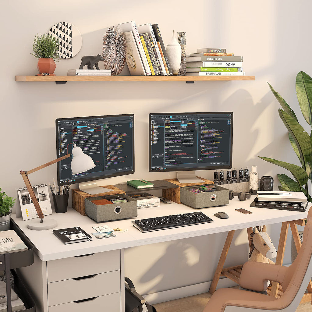 WESTREE Dual Monitor Stand Riser with Two Drawers, Extra Large Storage Monitor Stand for 2 Monitors, Desktop Oraganizer Stand for Computer,Laptop,Screen,Printer,TV