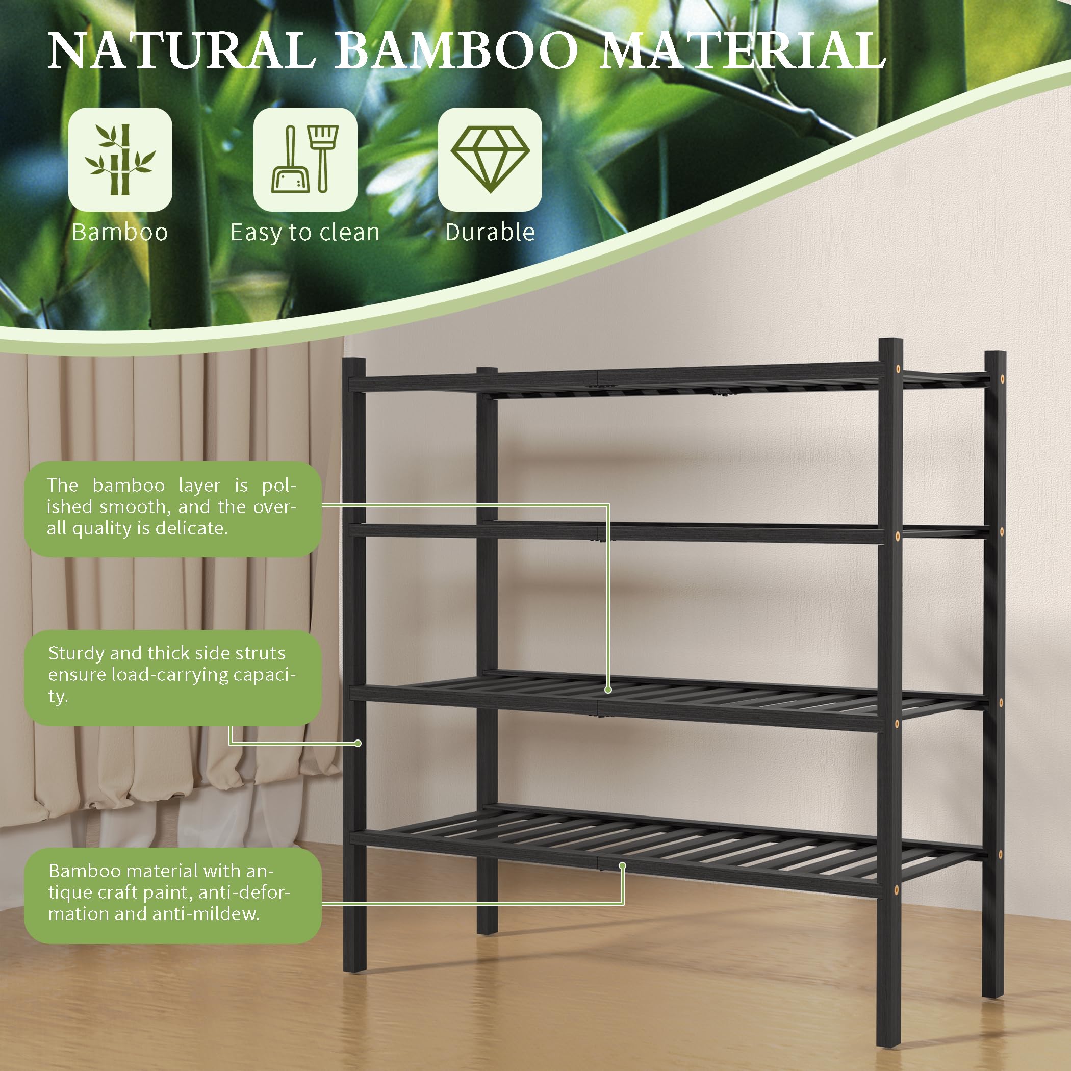 ROMGUAR CRAFT 2-Tier Bamboo Long Shoe Rack, Free Standing Wood Shoe Shelf Storage Organizer for Closet Entryway Stackable 35"x11"x13" (Black)