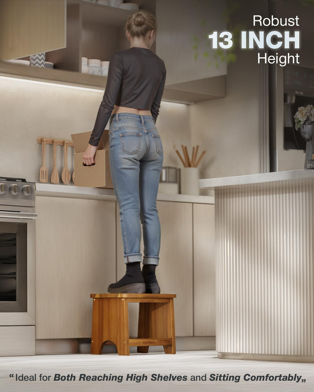 FANATU 13'' Wooden Step Stool, One Step Stool for Adults, Wooden Beside Step Stool with 550 Load Capacity (Acacia, 6.3 in – Metal Legs)