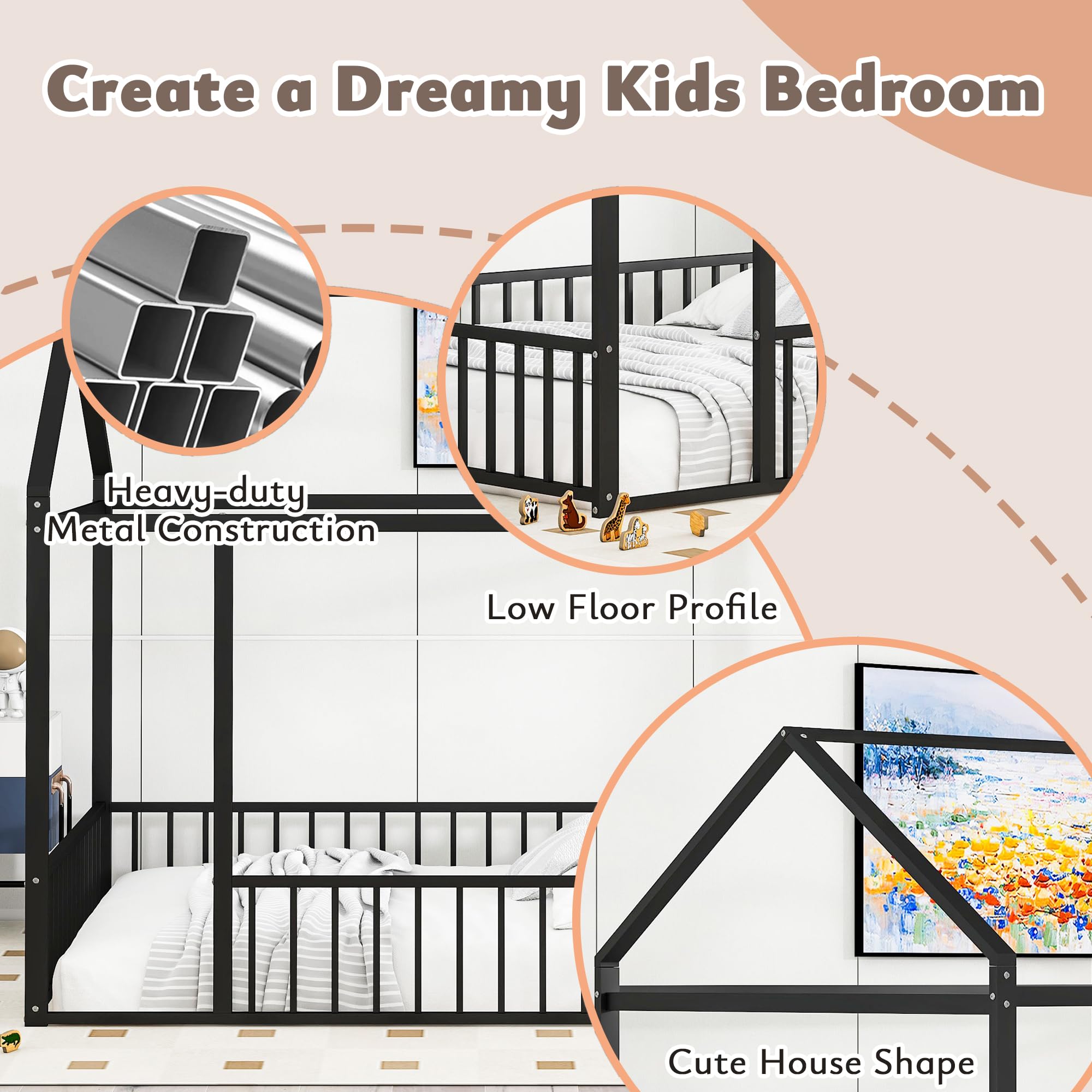 Bellemave Twin Size Montessori Floor Bed, Metal House Bed Framefor Kids, Montessori Floor Beds with Fence, Playhouse for Kids,Black