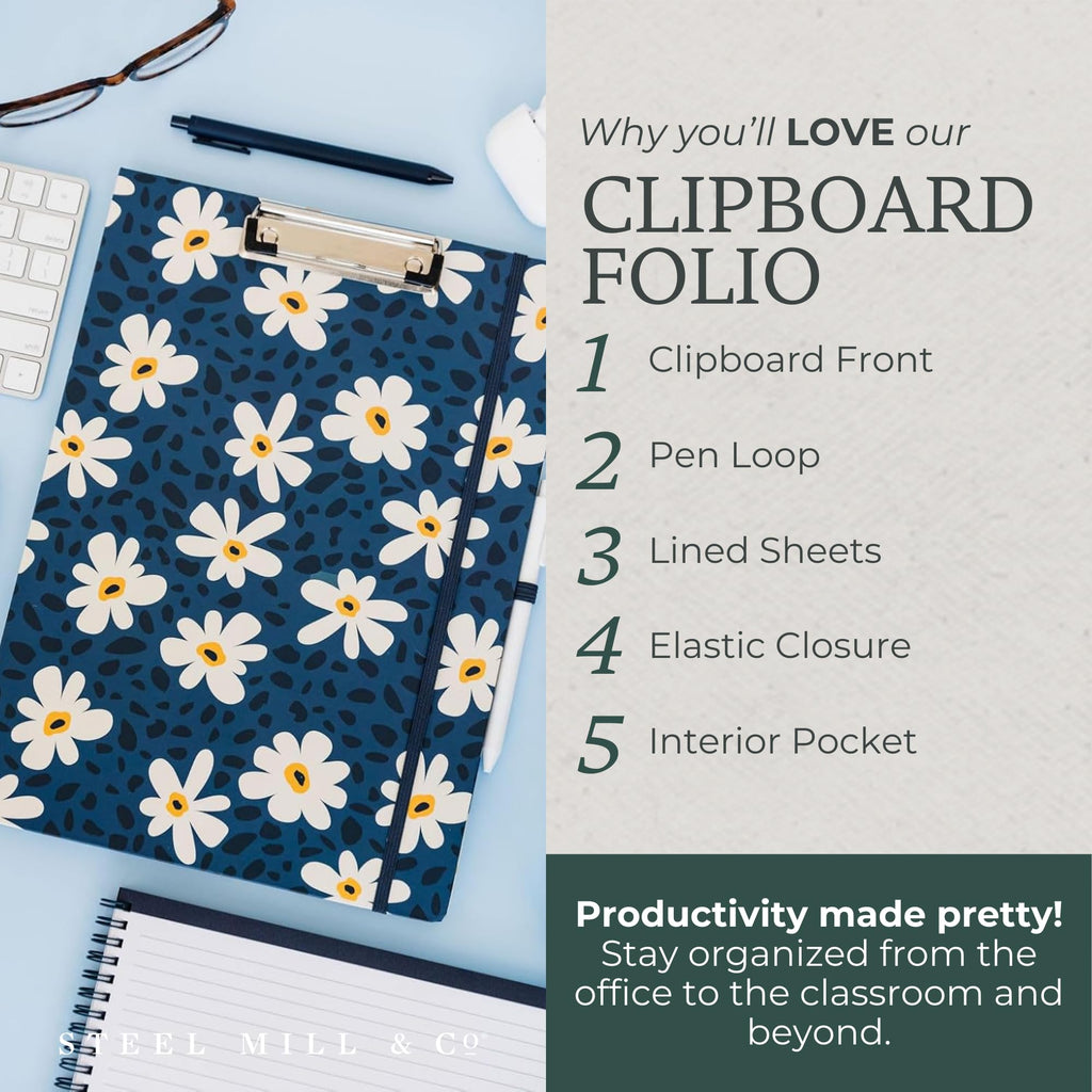 Steel Mill & Co Cute Clipboard Folio with Refillable Lined Notepad and Interior Storage Pocket, Black and White Padfolio for Work, Black Dots